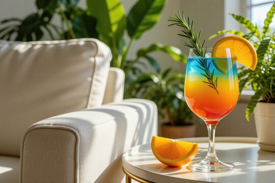 Layered blue, orange cocktail with rosemary garnish stands on white round table in sunlit cozy living room. Cold refreshing beverage sits near beige couch, green houseplants. Bright summer drink
