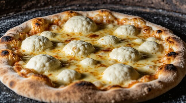 Round cheese pizza bakes inside traditional stone wood fired oven. Hot crust bubbles with molten mozzarella topping during cooking process. Artisan chef prepares delicious homemade meal with golden