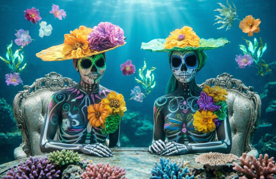two bioluminescent corpses sitting under water at a table