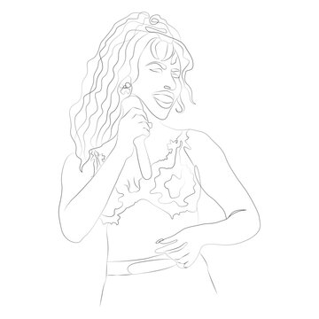 Continuous Line Art Female Singer Performing with Microphone Vector Illustration with Transparent PNG Isolated
