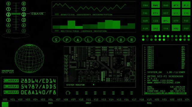 Retro sci-fi user interface screen displaying green digital data, code processing, HUD elements, wireframe globe, and system diagnostics.
