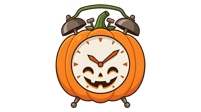 Cheerful orange pumpkin alarm clock with a smiling jack-o-lantern face for Halloween celebration