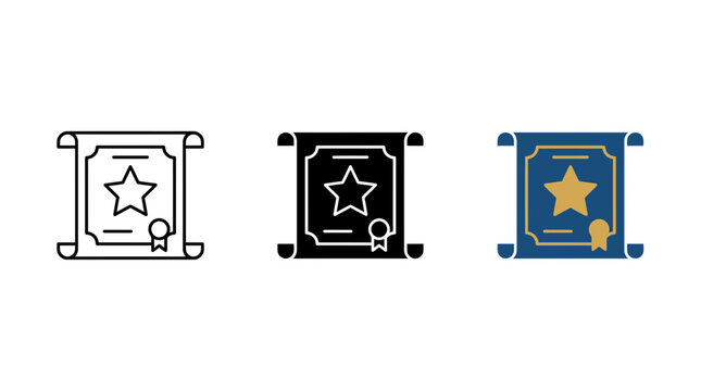 Certificate scroll document icons with star emblem in various graphic styles, document