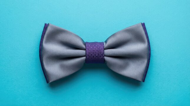 Elegant grey bow tie with purple center knot isolated on blue background