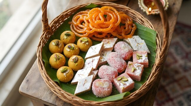 Assorted traditional indian sweets in a basket on a banana leaf for diwali festival celebration