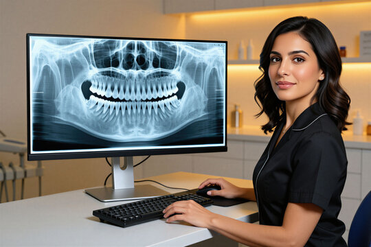 Female dentist presents patient jaw x-ray on monitor. Specialist examines teeth image at modern dental clinic. Woman uses computer, reviews diagnostic scan during consultation. Medical pro provides