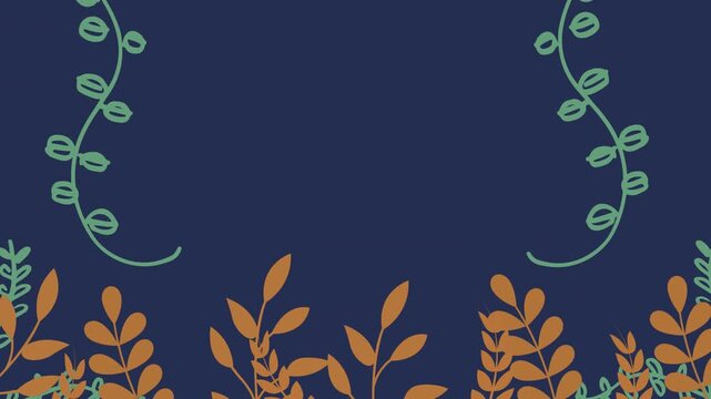 Stylized Illustration Animation Featuring Central Tree Surrounded by Decorative Leaves and Vines on Navy Blue Background, Elegant Motion Graphic Loop Concept for Nature Display or Botanical Backdrop.