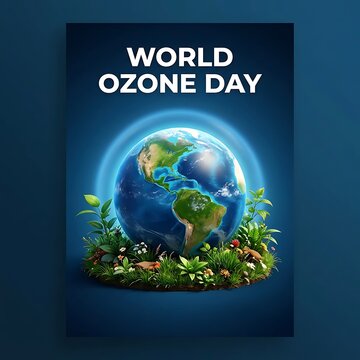 World ozone day poster featuring a vibrant earth globe surrounded by lush greenery and flowers against a deep blue background, symbolizing environmental protection