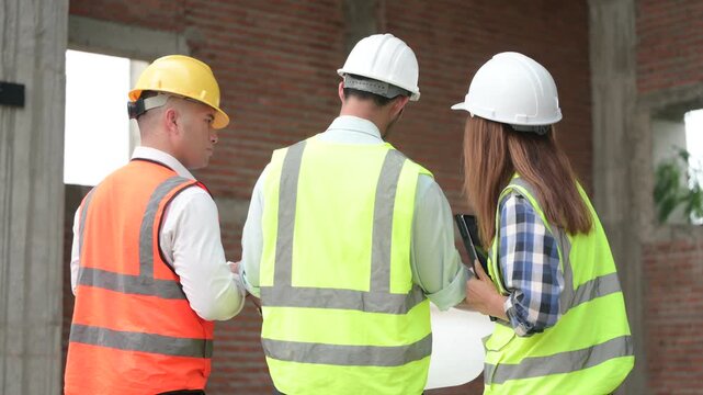 Architects and construction engineers review structural and architectural plans at a building site. Concept of construction planning, structural design, teamwork, and project development.