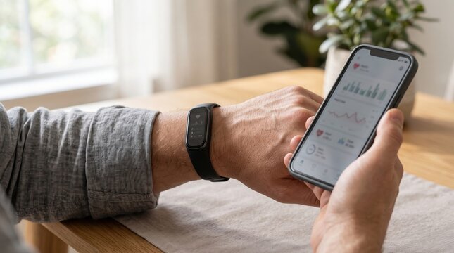 Man checking fitness tracker data and health metrics on his mobile phone screen