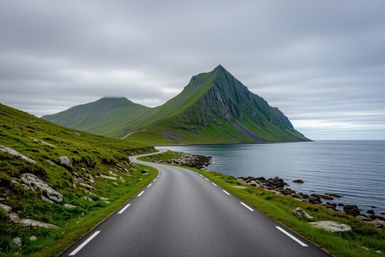 Winding asphalt road curves along rocky coast and green mountains beside calm blue ocean under cloudy sky. Scenic journey on remote island invites exploration.