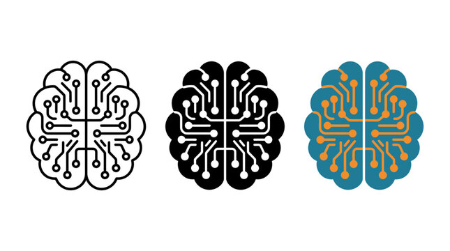 Front view of human brain with digital circuit board pattern icon set, technology