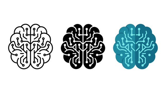 Front view of human brain featuring interconnected circuitry icon set, technology