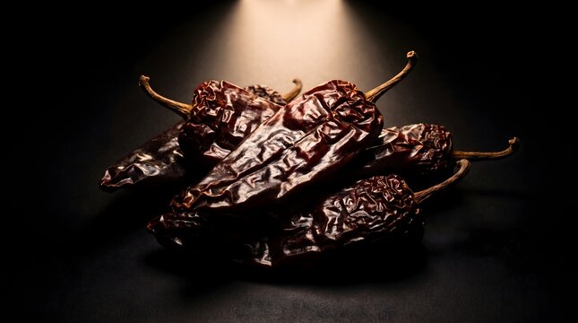 Dried red chili peppers on black background under dramatic spotlight