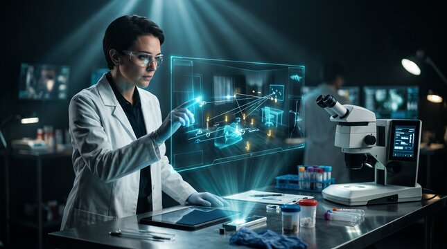 Female Scientist Working with Futuristic Holographic Interface in Laboratory