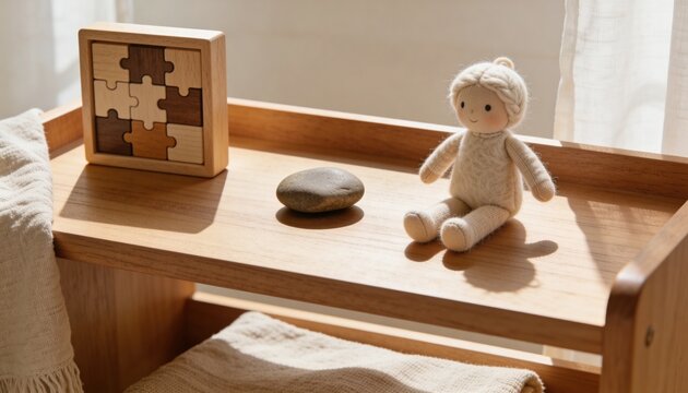 Low natural oak montessori shelf with a small wooden puzzle, a soft cotton doll and a smooth river stone arranged in soft diffused daylight, minimalist kids interior concept design