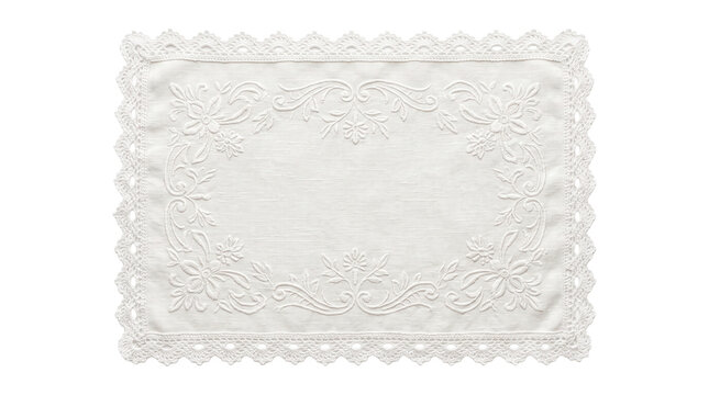 White rectangular linen doily with intricate floral embroidery and lace trim on transparent background.
