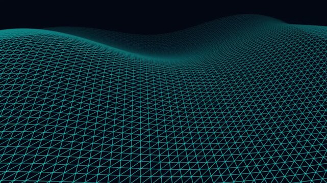 3D cyan wireframe digital landscape grid, abstract undulating terrain topography motion graphic loop