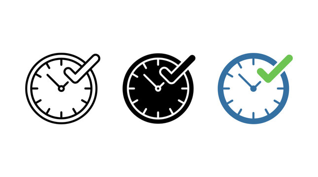 Task done time clock icon set for deadline management with checkmark deadline schedule