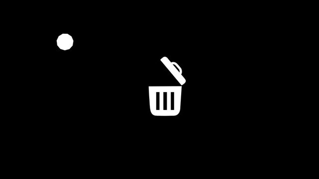 Animation of trash can icon with paper thrown in on black background