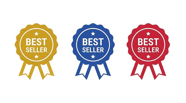 Triple colorful best seller award badges for top performance recognition display with arranged horizontally against clean white background three vibrant award ribbons gold