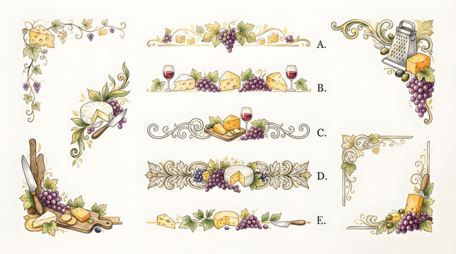 Watercolor cheese and grape decorative borders and corner frames for menu design