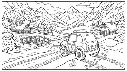 Fototapeta premium Snowy mountain village coloring page featuring a police car, log cabins, bridge, stream, and pine trees in a winter landscape setting