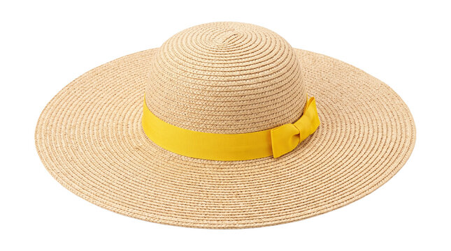 Woven straw sun hat with wide brim and yellow ribbon bow for sunny day outdoor fashion and travel accessory isolated on transparent.