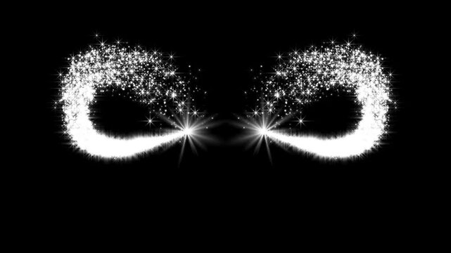 White glowing sparkle light trails crossing and forming a symmetrical magical pattern on black background