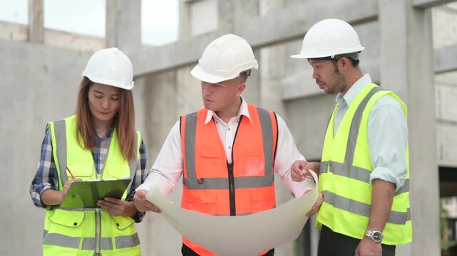 Architects and construction engineers review structural and architectural plans at a building site. Concept of construction planning, structural design, teamwork, and project development.