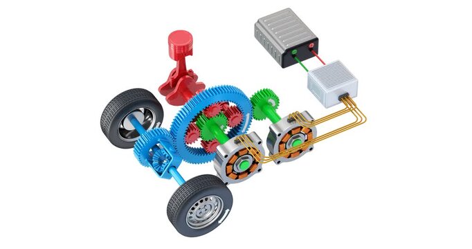 Electronic continuously variable transmission (E-CVT) animation isolated on white background - 3D animation