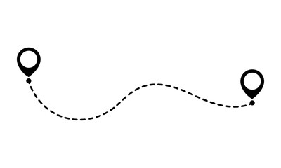 Curved black dotted line path connecting two location pins on white background for navigation or travel concept. © OFFDESIGN
