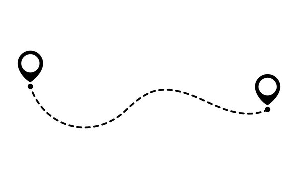 Curved black dotted line path connecting two location pins on white background for navigation or travel concept.