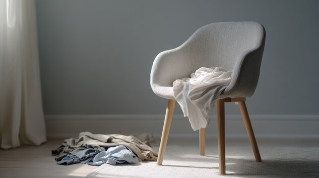 A clean minimal room with a single wooden chair and clothes casually placed over its back in soft natural daylight with neutral walls and a quiet uncluttered composition