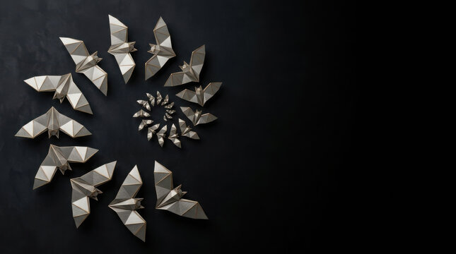 Silver origami bats arranged in a spiral pattern on a dark textured generated using ai