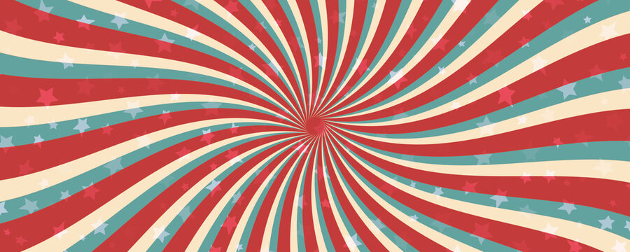 Circus or carnival rays background layout with vector grunge texture. Retro spiral pattern with red, white and blue radial stripes of vintage circus, carnival, fair or chapiteau big top tent