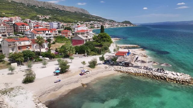 Podstrana Beach Facility, Umbrellas And Coastal Pier, Croatia