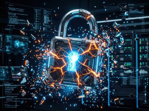 Digital Security Breach Concept Exploding Padlock Symbolizing Data Compromise.