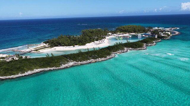 Blue Lagoon Island In Nassau New Providence Bahamas. Stunning Tropical Coastline Beach Scene Viewed From Above. Tropical Skyline. Beach Landscape. Nassau New Providence.