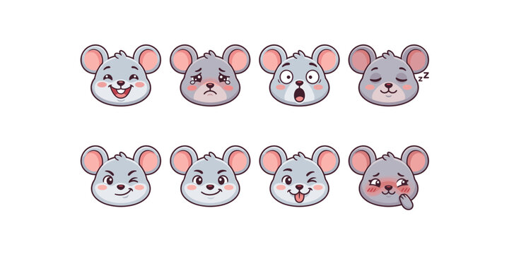 Cute cartoon mouse faces showing different emotions and expressions in playful vector illustrationCute cartoon mouse faces showing different emotions and expressions in playful vector illustration