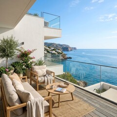 Fototapeta premium Luxury Balcony Overlooking a Serene Mediterranean Sea with Comfortable Seating.