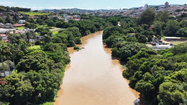 Pardo River In Sao Jose Do Rio Pardo Sao Paulo Brazil. Aerial View Of A River Surrounded By Lush Green Tropical Rainforest. Urban Backgrounds. Downtown Cityscape. Sao Jose do Rio Pardo Sao Paulo.
