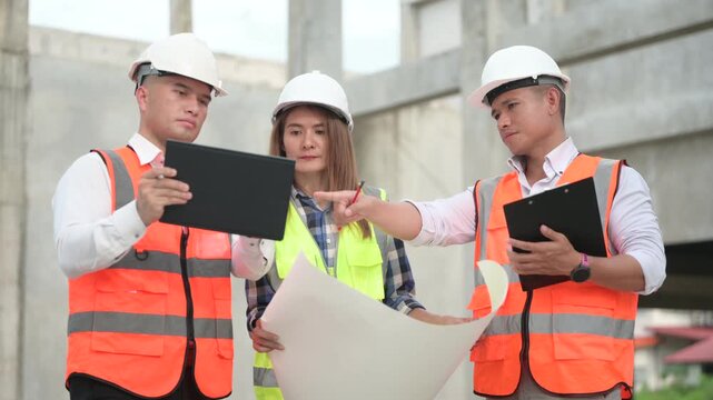 Architects and construction engineers review structural and architectural plans at a building site. Concept of construction planning, structural design, teamwork, and project development.