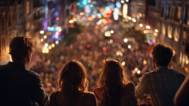 Friends celebrating on rooftop with city lights and fans below