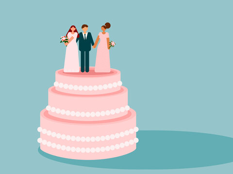 Polygamous marriage concept with one man and two brides