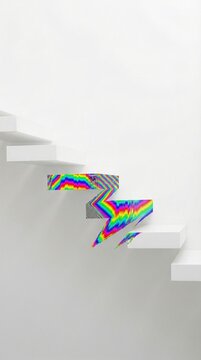 Abstract colorful geometric pattern flowing over clean white steps, symbolizing progress, movement, or change, perfect for modern presentations