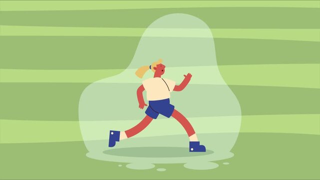 Cartoon Figure Running in Oval Path on Striped Green Athletic Field, Playful Motion Graphic Animation Loop for Youth Sports Broadcast, Fitness App Interface, or Character Promo Visual.
