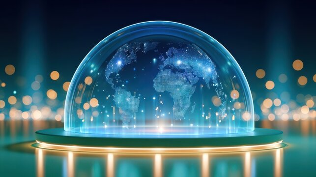 Glowing digital globe under glass dome with abstract data points and bokeh background