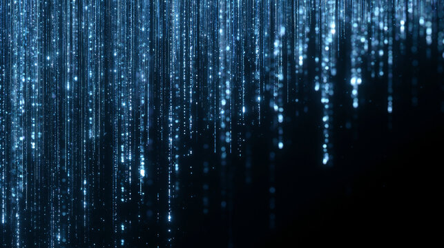 Abstract digital waterfall of glowing blue particles descending on dark background for motion graphics and technology visual design.