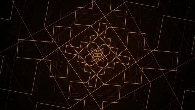 Abstract geometric pattern with thin glowing gold lines creating a symmetric fractal shape on a dark background for modern technology or digital art design concepts